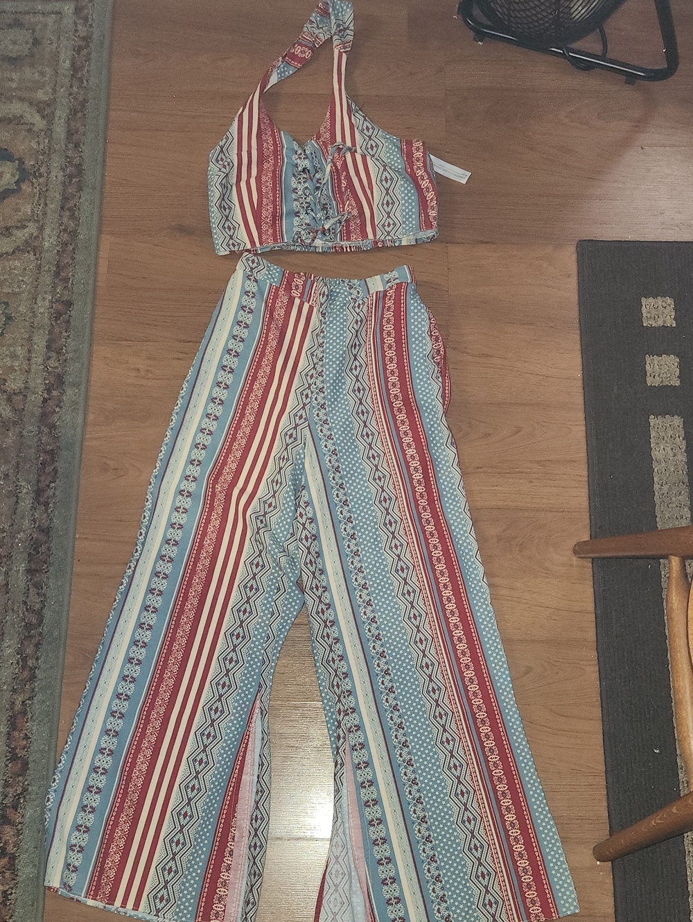 Striped Halter Crop Top & Wide-Leg Pants Set - Blue & Red